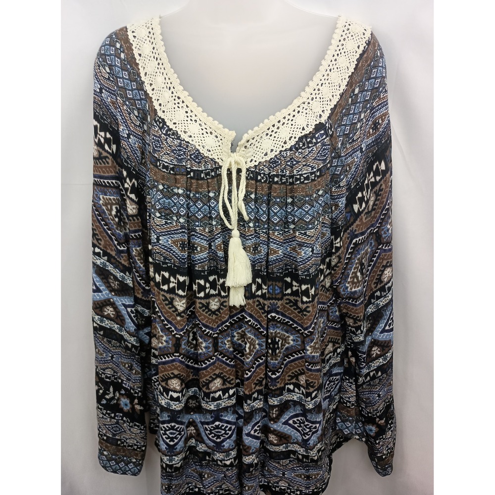 Wrangler L blue brown aztec boho whimsigoth western artsy‎ lace tassel  blouse